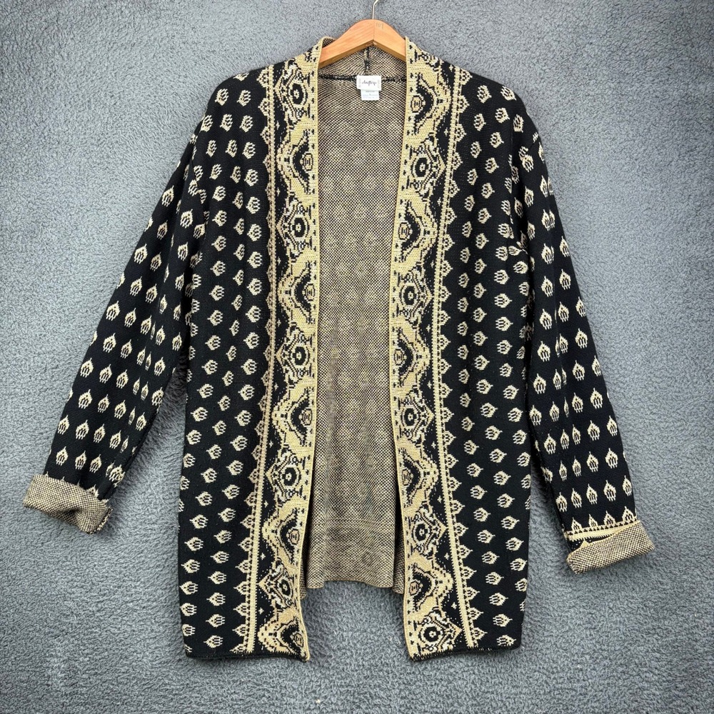 Daytrip Womens Black Tan‎ Aztec Geometric Knit Open Front Cardigan Sweater L USA